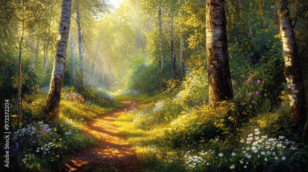 Fototapeta premium Sunlit Forest Path.