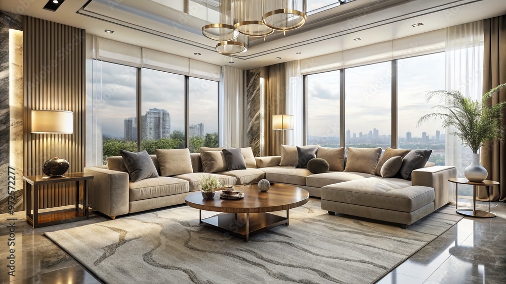 Elegant living room with neutral palette, plush sectional sofa, marble coffee table, and floor-to-ceiling windows, Elegant living room with neutral palette, plush sectional sofa, marble coffee table, and floor-to-ceiling windows,