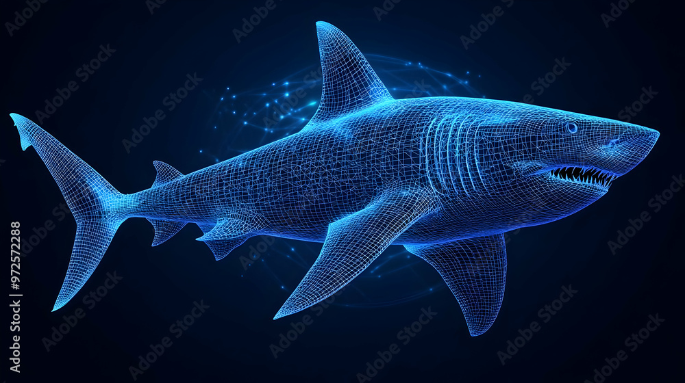 Naklejka premium Abstract Glowing Shark Swimming Through Digital Ocean Environment
