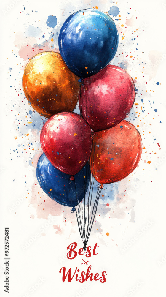 The card bursts with colorful balloons and a cheerful The card bursts with colorful balloons and a cheerful