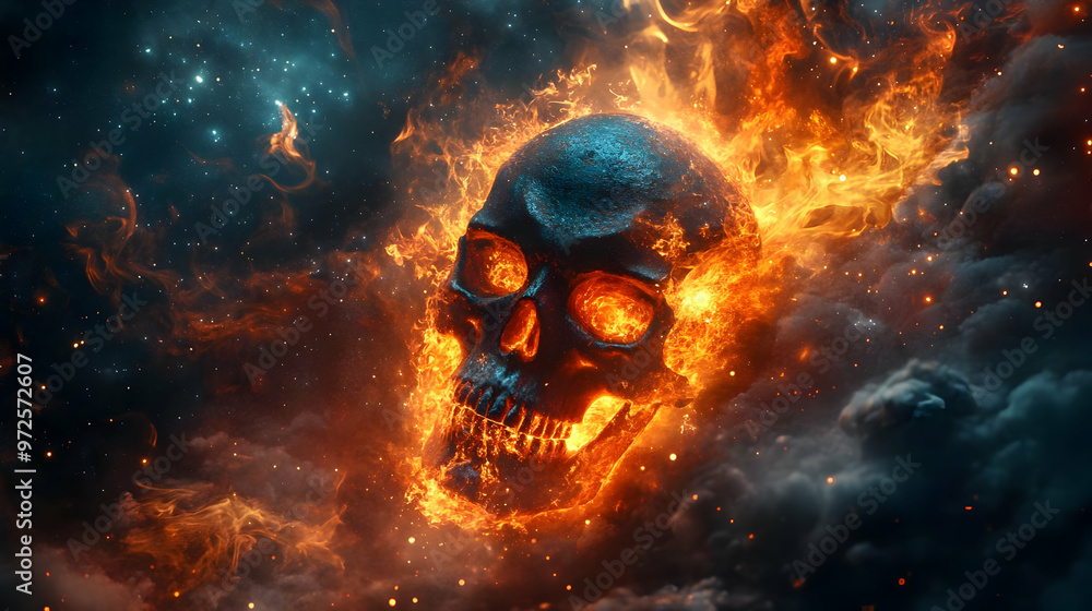 Fiery Skull Engulfed in Flames and Smoke Against a Starry Night Sky, Animated Loop Fiery Skull Engulfed in Flames and Smoke Against a Starry Night Sky, Animated Loop