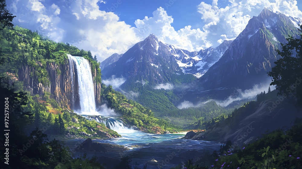 Majestic waterfall cascading down a cliff in a mountain valley. Majestic waterfall cascading down a cliff in a mountain valley.