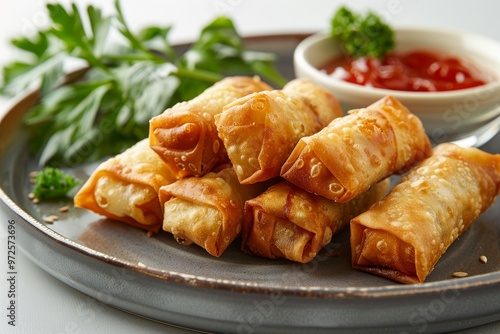 A plate of delicious Japanese harumaki (spring rolls) with dipping sauce