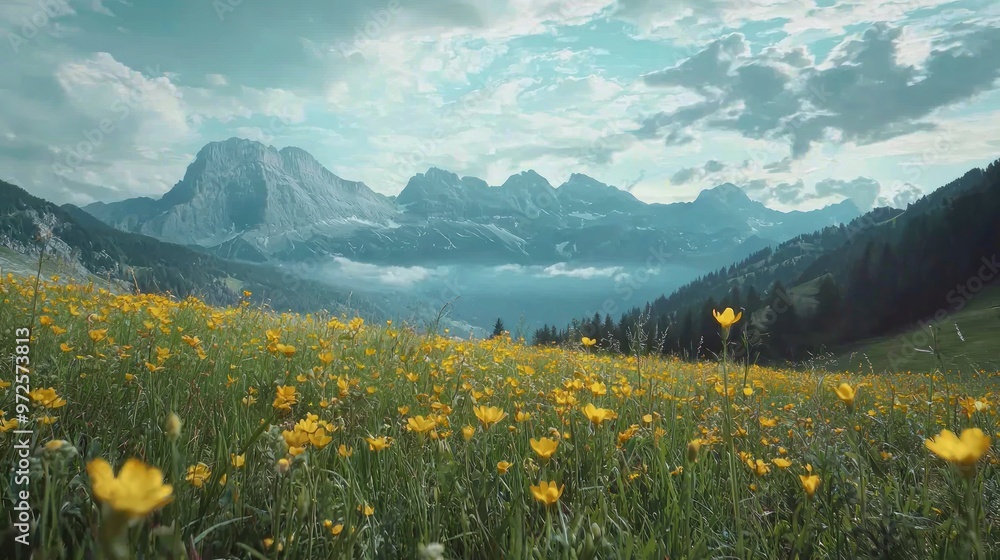 Fototapeta premium A meadow of yellow flowers with majestic mountains in the background