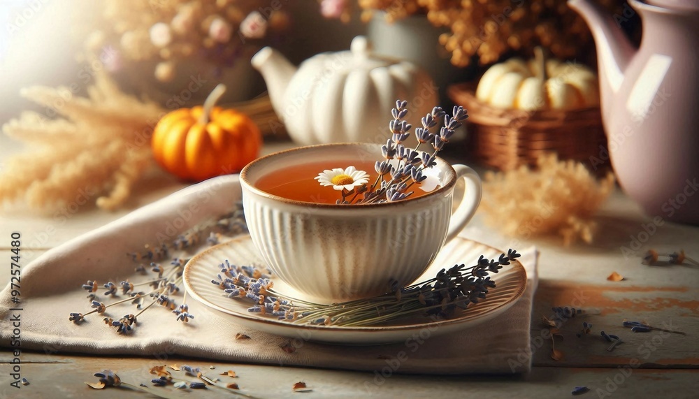 a cup of tea with a daisy and lavender sprigs on a saucer, surrounded by autumnal decorations including wheat stalks and a small pumpkin, all bathed in soft, natural light. a cup of tea with a daisy and lavender sprigs on a saucer, surrounded by autumnal decorations including wheat stalks and a small pumpkin, all bathed in soft, natural light.