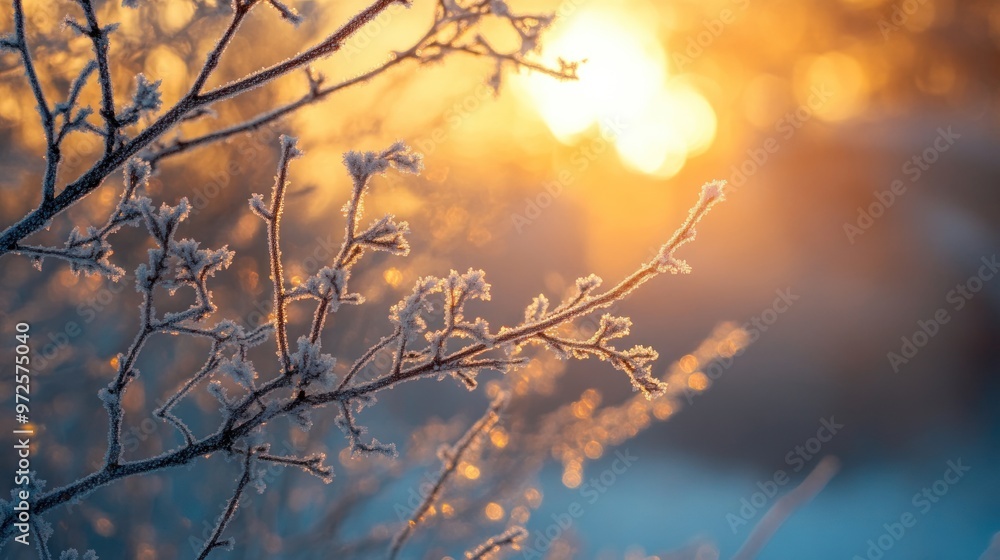 Obraz premium Winter Wonderland: Frosty Branches Bathed in Golden Sunset
