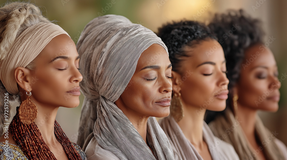 A group of women from various racial backgrounds standing side by side, praying in unison, their hands gently folded, eyes closed, and expressions of peace and reflection, illumina A group of women from various racial backgrounds standing side by side, praying in unison, their hands gently folded, eyes closed, and expressions of peace and reflection, illumina