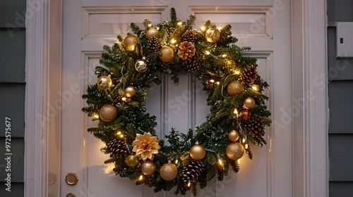 Illuminated Christmas Wreath with Gold Ornaments on White Door - Generative AI
