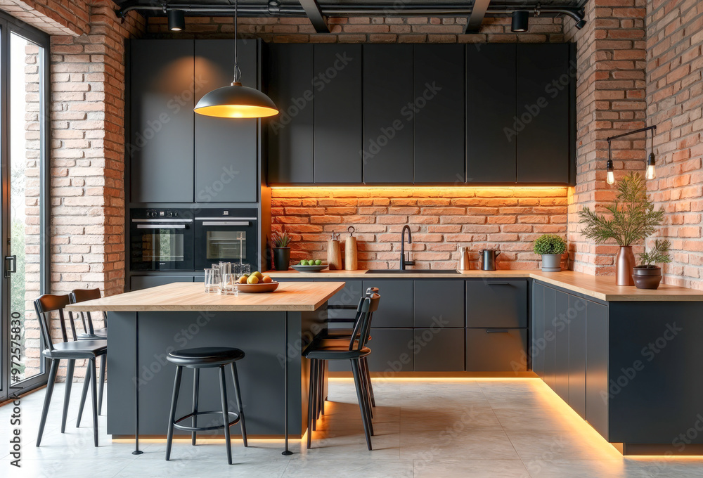 interior loft style kitchen with brick wall interior loft style kitchen with brick wall
