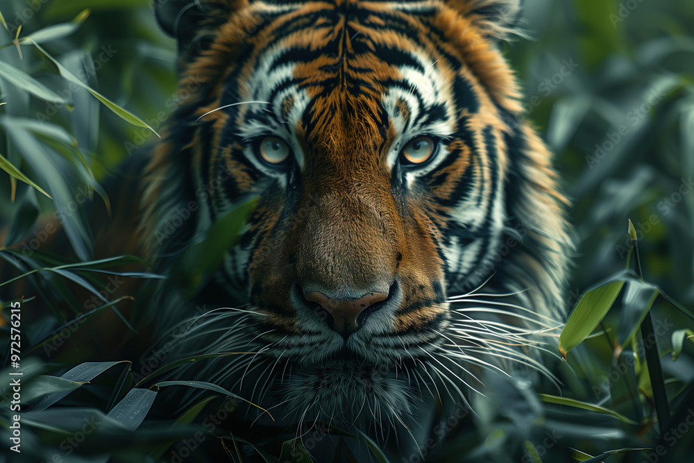Tiger gazing directly forward, close up, through green leaves of plants in jungle. Intense, confident gaze of mighty predator. Hidden, watching for prey. Preserving wildlife conservation Tiger gazing directly forward, close up, through green leaves of plants in jungle. Intense, confident gaze of mighty predator. Hidden, watching for prey. Preserving wildlife conservation