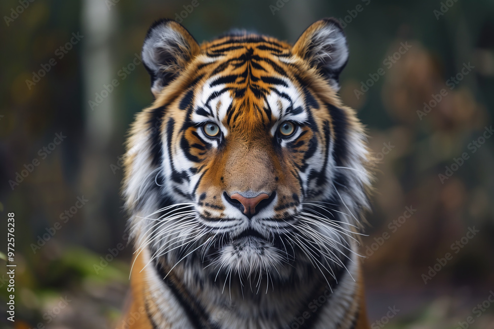 Tiger with piercing gaze, close up. Majestic predator exudes confidence and intensity. Rare endangered species highlights importance of wildlife conservation. Concept of biodiversity preservation Tiger with piercing gaze, close up. Majestic predator exudes confidence and intensity. Rare endangered species highlights importance of wildlife conservation. Concept of biodiversity preservation