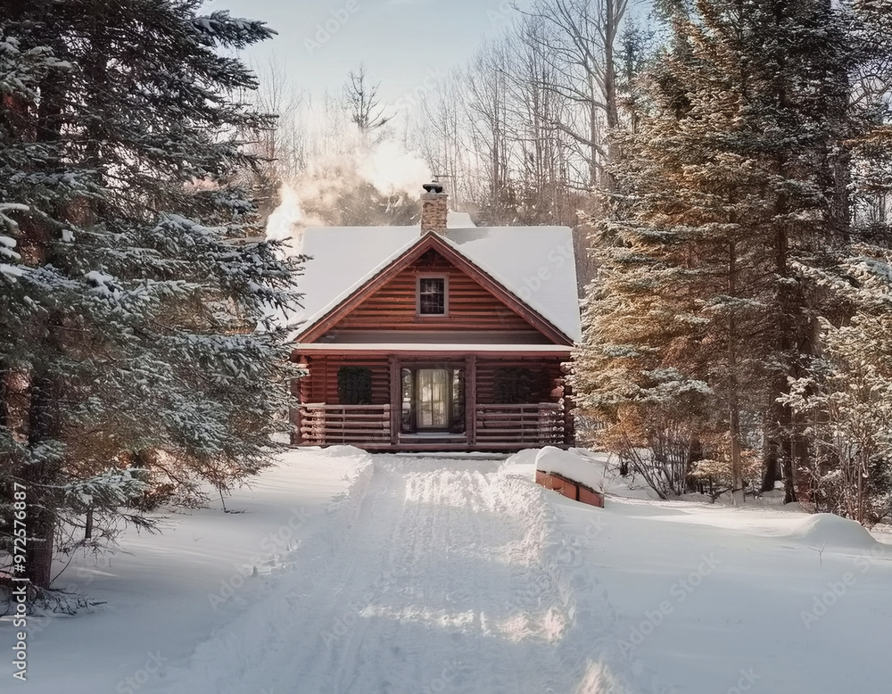 Log Cabin at end of Narrow Snow Covered Path AI Log Cabin at end of Narrow Snow Covered Path AI