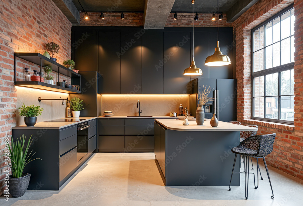 Fototapeta premium interior loft style kitchen with brick wall
