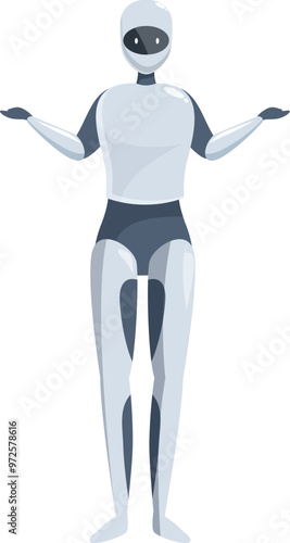 Futuristic robot shrugging its shoulders, expressing confusion and uncertainty