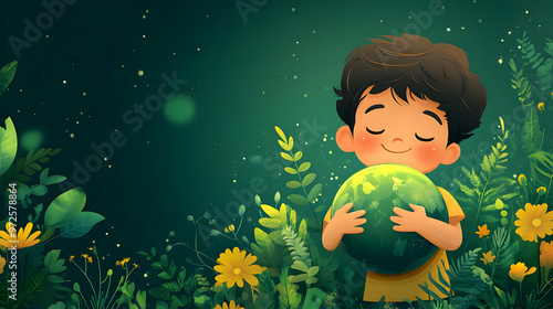 Wallpaper Mural Boy Embraces Green Planet Amidst Lush Nature, Promoting Environmental Awareness Torontodigital.ca