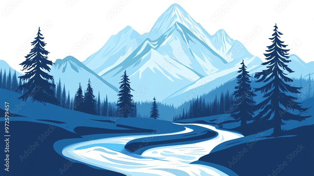 Fototapeta premium Illustration of a mountain range with a river winding through a forest.