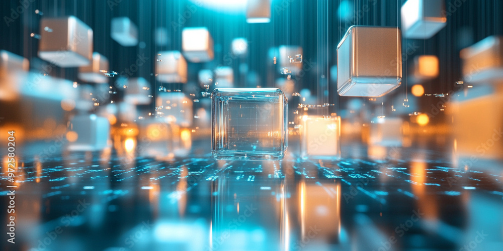 Fototapeta premium Floating 3D cubes and graphs representing data form futuristic digital landscape, glowing with blue and orange lights