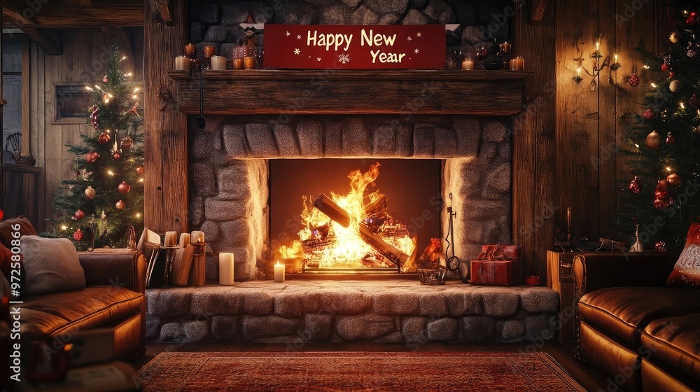 Fototapeta premium Cozy living room with a warm fireplace, decorated for New Year with Christmas trees and a festive sign. Perfect holiday atmosphere.