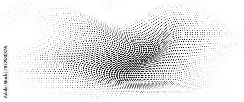 Flowing Wave Dot Halftone Pattern: Curve Gradient Shape on Transparent Background. Suitable for AI, Tech, Network, Digital, Science, and Technology Themes.