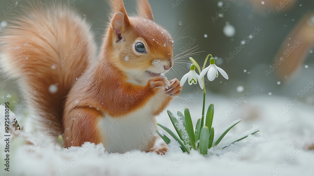 A squirrel is eating a flower in the snow. Concept of warmth and coziness, as the squirrel is enjoying a moment of peace and tranquility in the midst of a cold winter day A squirrel is eating a flower in the snow. Concept of warmth and coziness, as the squirrel is enjoying a moment of peace and tranquility in the midst of a cold winter day