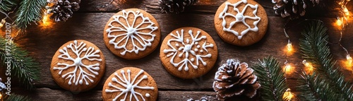 Delicious decorated cookies surrounded by festive pinecones and lights, perfect for holiday celebrations and seasonal treats.