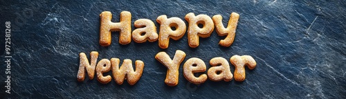 Celebrate the New Year with this festive and cheerful image featuring delicious cookies in the shape of the phrase 'Happy New Year'.