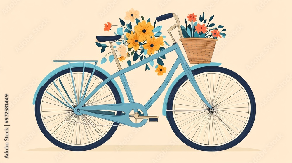 Fototapeta premium A vintage blue bicycle with a basket full of flowers.