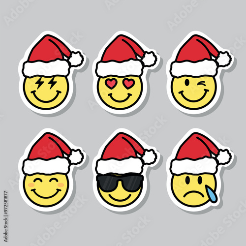 smile faces with santa hat, set of christmas emojies, cartoon vector sticker set