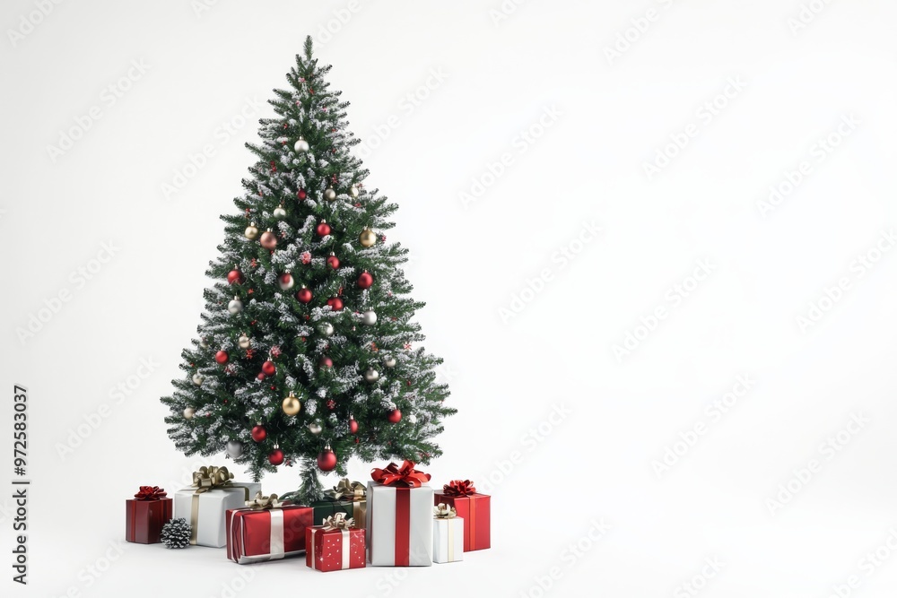 a majestic fir-tree, adorned with elegant lights and ornaments, is the centerpiece of this classic christmas scene, complete with gifts and decorations, set against a pristine white background a majestic fir-tree, adorned with elegant lights and ornaments, is the centerpiece of this classic christmas scene, complete with gifts and decorations, set against a pristine white background