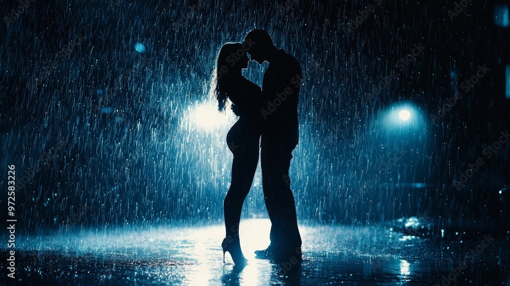 Romantic Couple Dancing in the Rain at Night Under City Lights with ...