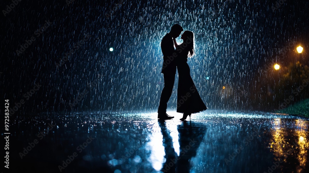 Romantic Couple Dancing in the Rain at Night Under City Lights with ...
