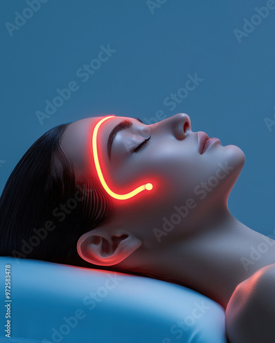 A serene beauty treatment scene featuring a woman enjoying a facial therapy with glowing red light therapy technique.