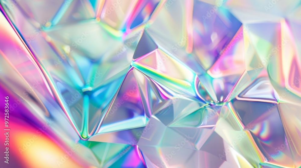 Abstract holographic shapes forming a geometric pattern with a blend of bright, iridescent colors. Close-up photo with clean background Abstract holographic shapes forming a geometric pattern with a blend of bright, iridescent colors. Close-up photo with clean background
