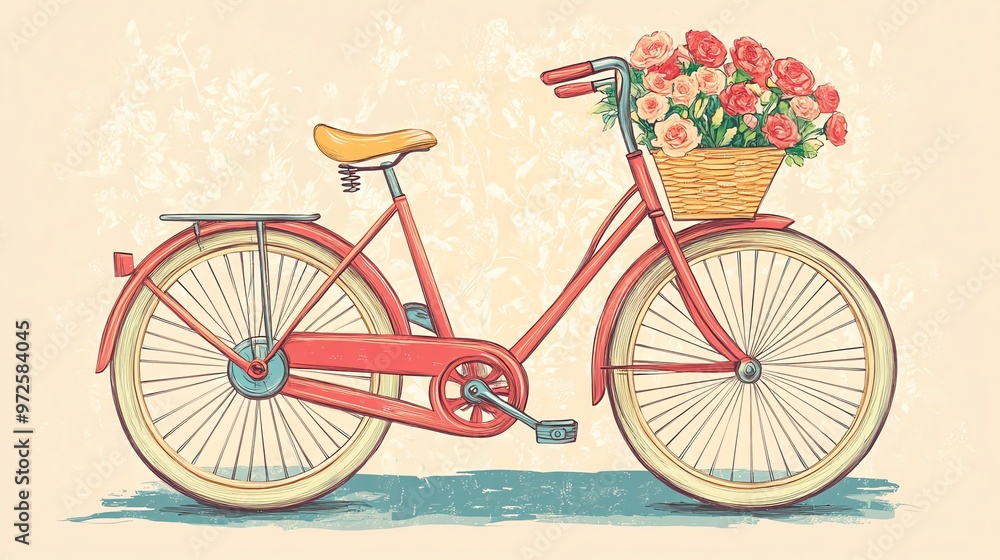 Fototapeta premium A vintage red bicycle with a basket of flowers.