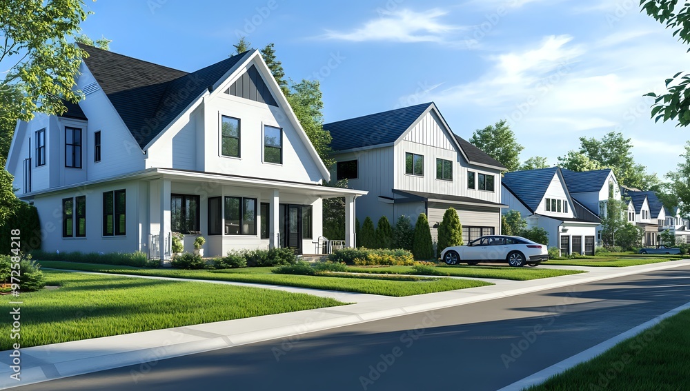 A row of modern white houses with black roofs and windows, situated on a quiet suburban street. A row of modern white houses with black roofs and windows, situated on a quiet suburban street.