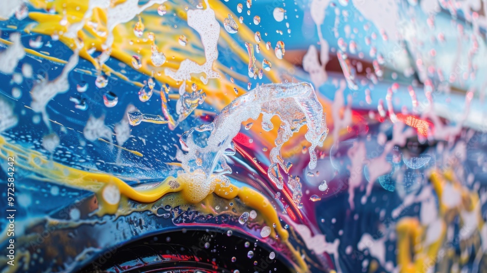 Fototapeta premium A close - up of a car covered in soapy water during the washing process at a car wash, with colorful reflections and patterns on the glass