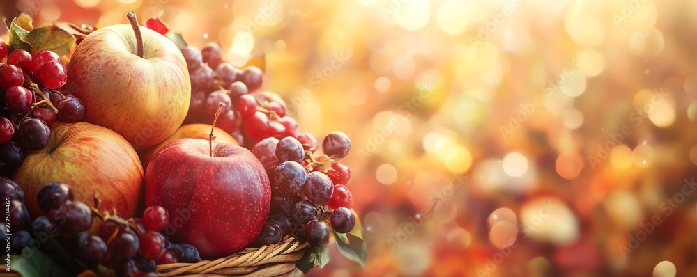 A basket filled with fresh apples and grapes under warm sunlight, capturing the essence of autumn harvest in a bokeh background. A basket filled with fresh apples and grapes under warm sunlight, capturing the essence of autumn harvest in a bokeh background.