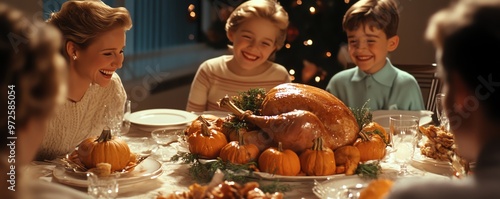 Family gathered around a festive table filled with a delicious roast turkey and pumpkins, sharing joy and laughter during holiday season. photo