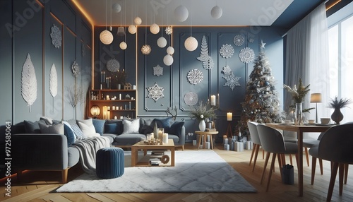 Interior design with blue accents, christmas