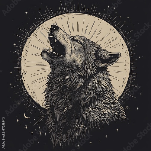 A Howling Wolf Silhouetted Against a Full Moon with Stars and a Crescent Moon in the Background photo