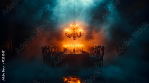 Spooky Dinner Table With Chandelier Illustration photo