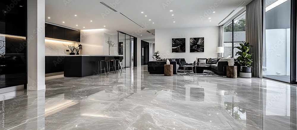 Modern open-plan area featuring light grey marble flooring and stylish black furniture.