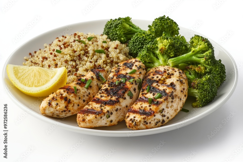 a plate of grilled chicken breasts, served with a side of quinoa and steamed broccoli, garnished with a lemon wedge a plate of grilled chicken breasts, served with a side of quinoa and steamed broccoli, garnished with a lemon wedge