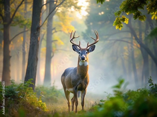 Foggy dawn mist shrouds a serene woodland scene as a majestic white-tailed deer stands alert, ears perked, amidst photo