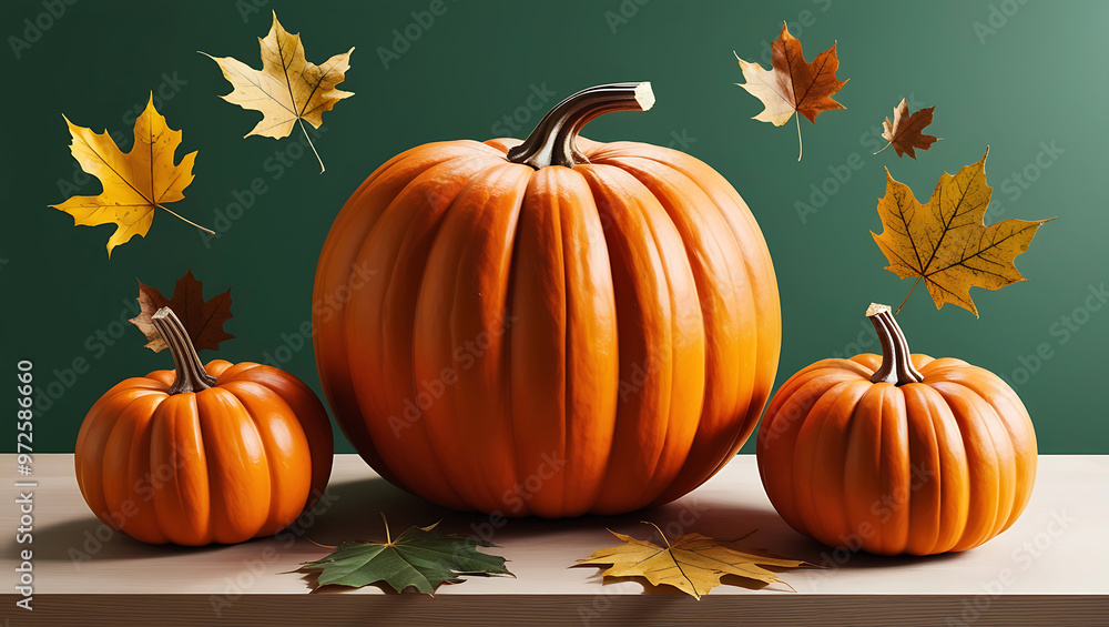 Happy Thanksgiving Backgrounds, Three vibrant pumpkins sit on a table, surrounded by colorful autumn leaves falling gently against a green background, evoking a festive autumn atmosphere. Happy Thanksgiving Backgrounds, Three vibrant pumpkins sit on a table, surrounded by colorful autumn leaves falling gently against a green background, evoking a festive autumn atmosphere.