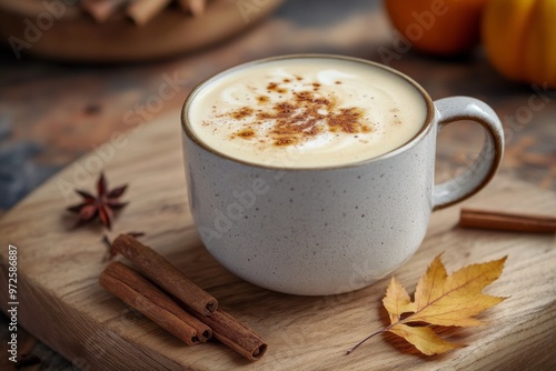 a rich and creamy cup of maple syrup latte with a sprinkle of cinnamon and a few dried leaves