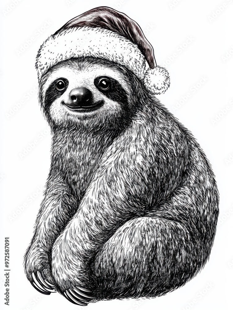Fototapeta premium Black and white Vintage engraved art of a full-body sloth wearing a Christmas Santa hat, isolated on white background, ink sketch illustration, simple vector art design, highly detailed line 