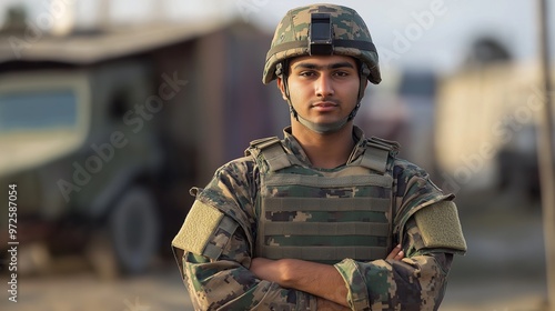 Confident South Asian Male Soldier in Military Gear Demonstrates Strength and Courage