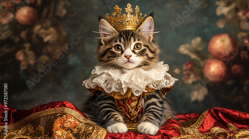 Realistic lifelike tabby cat kitten in renaissance regal medieval noble royal outfits commercial editorial advertisement surreal surrealism 18thcentury historical photo