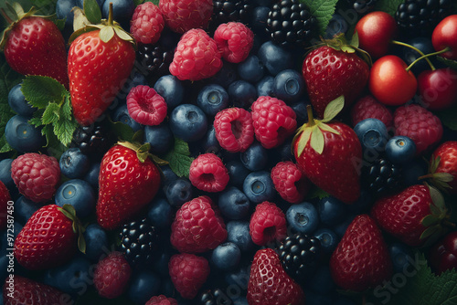 Fruits and berries background. Blueberries, blackberries, raspberries and strawberries. Summer dessert, healthy snack, fruit diet